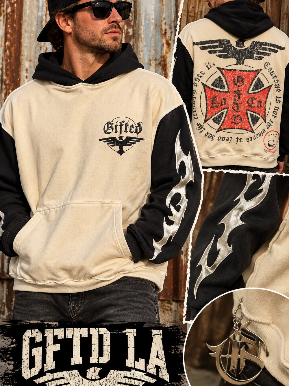 GFTD LA Tour Hoodie Two-Tone Cream & Black Graphic Hoodie
